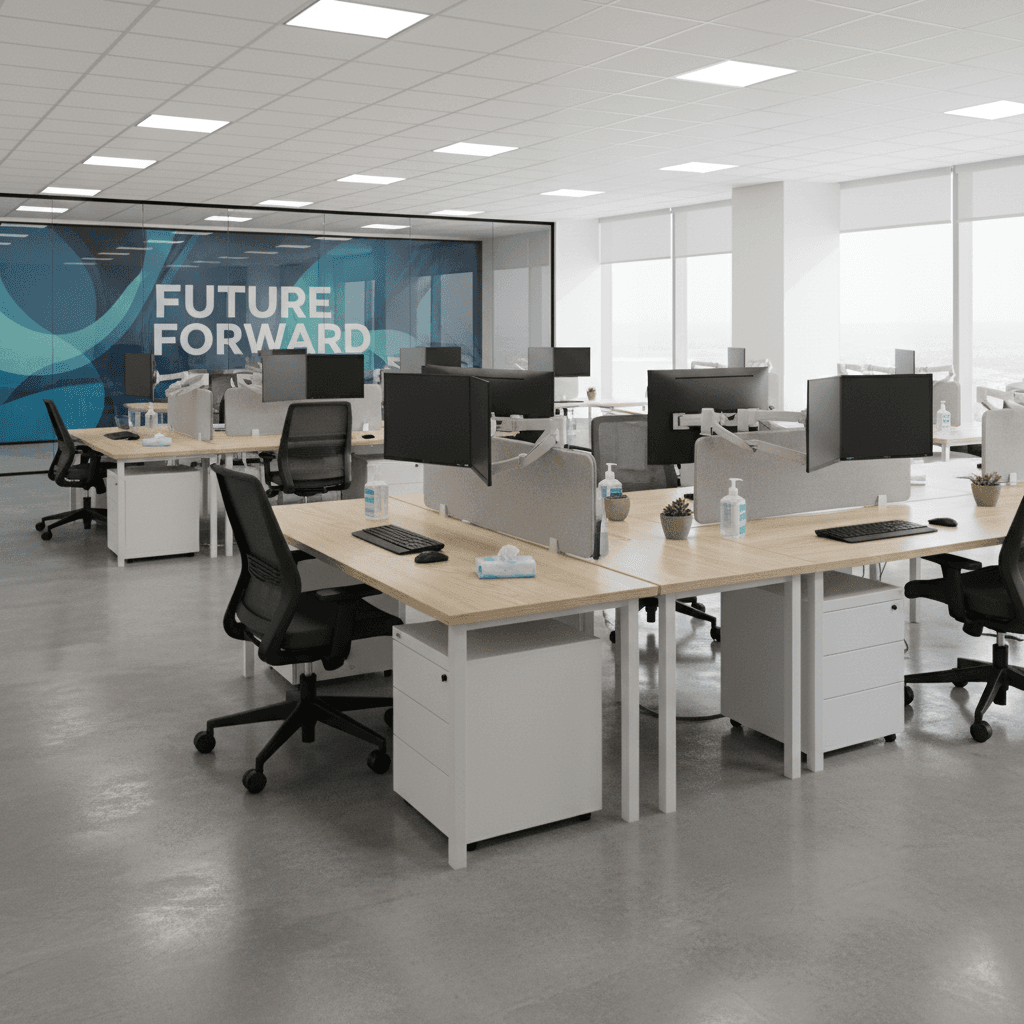Corporate office space with clean workstations, bright lighting, and sanitized surfaces ready for business