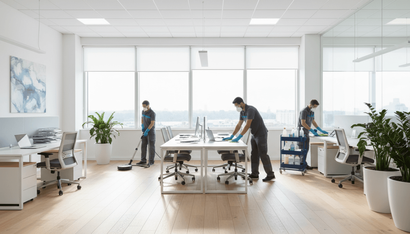 Professional cleaning crew in modern office environment