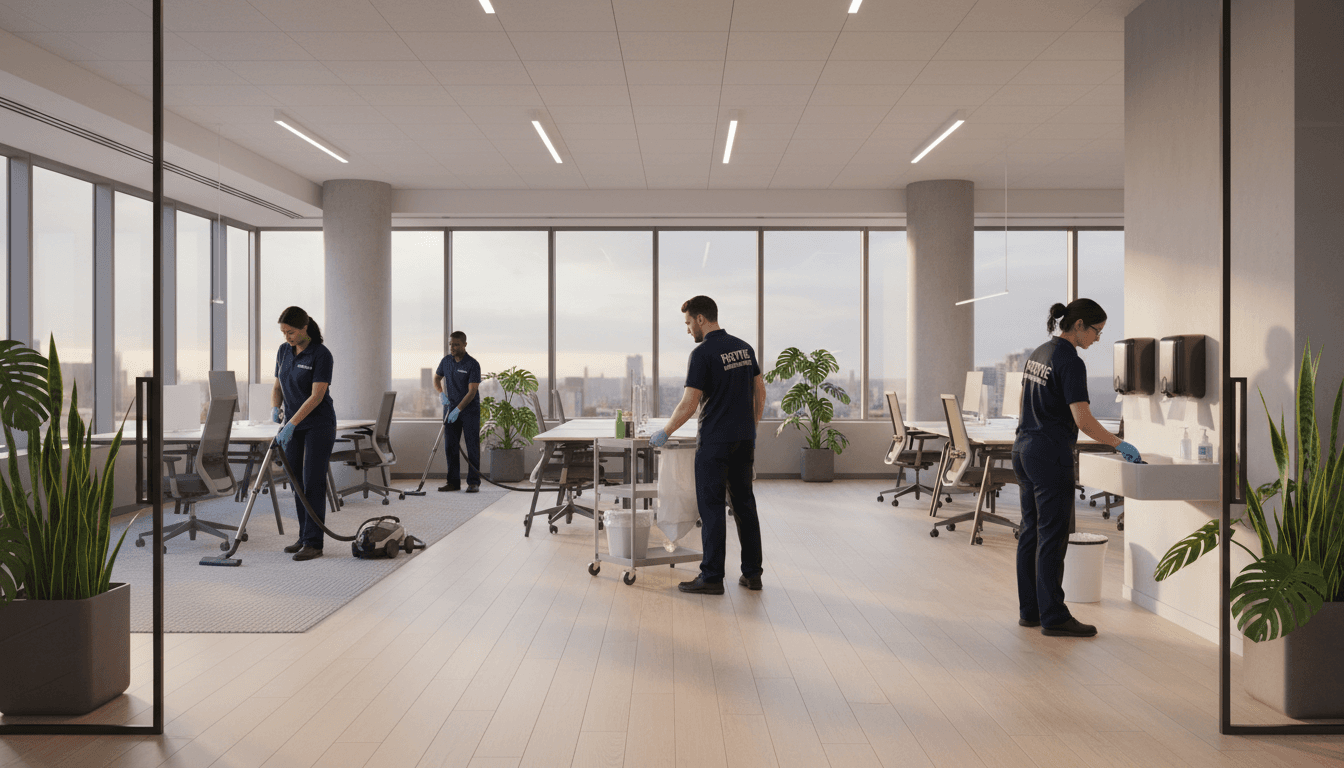 Professional cleaning team working in modern office