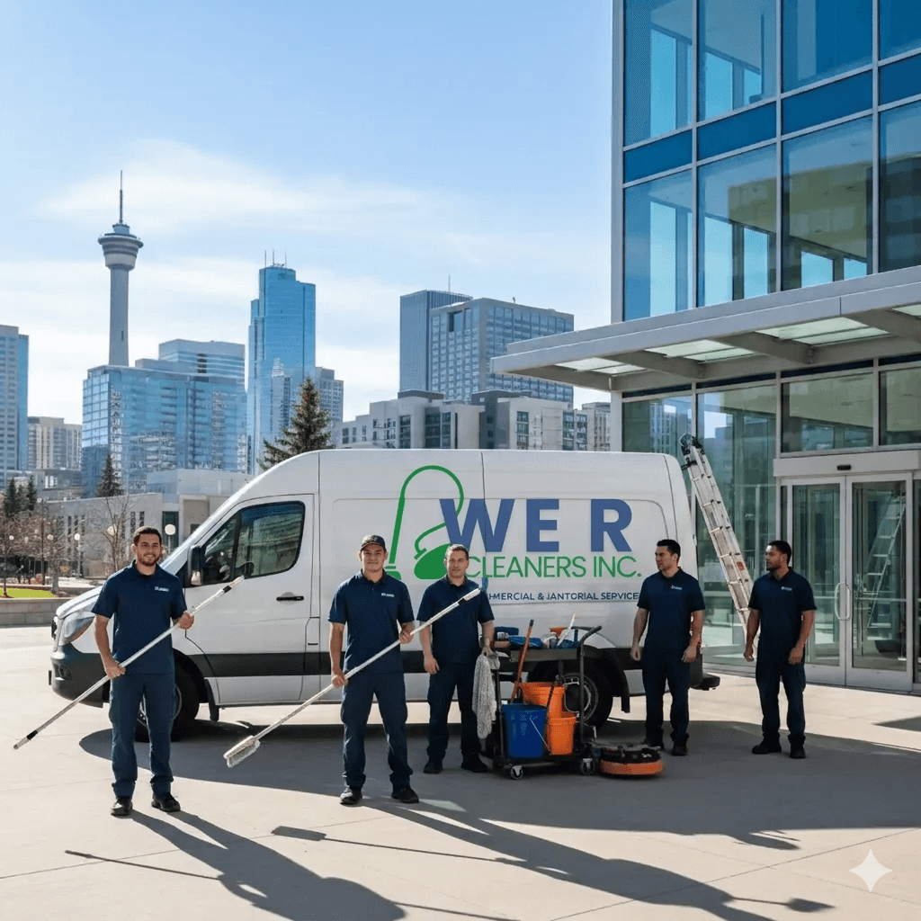 Professional cleaning crew posing with their service van and equipment before a modern city skyline.